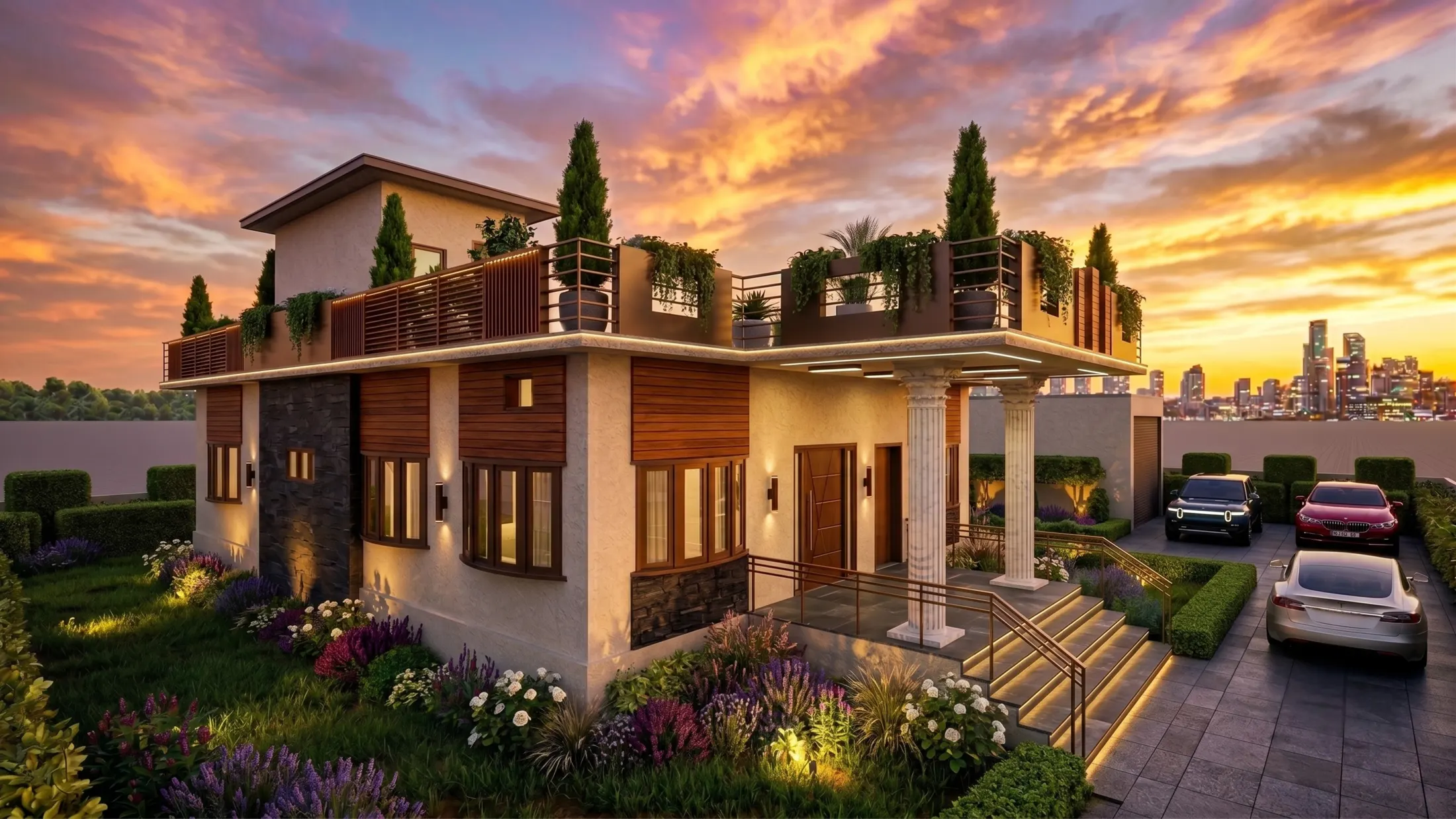 Dausa Residence — final 3D render at dusk with landscaped garden