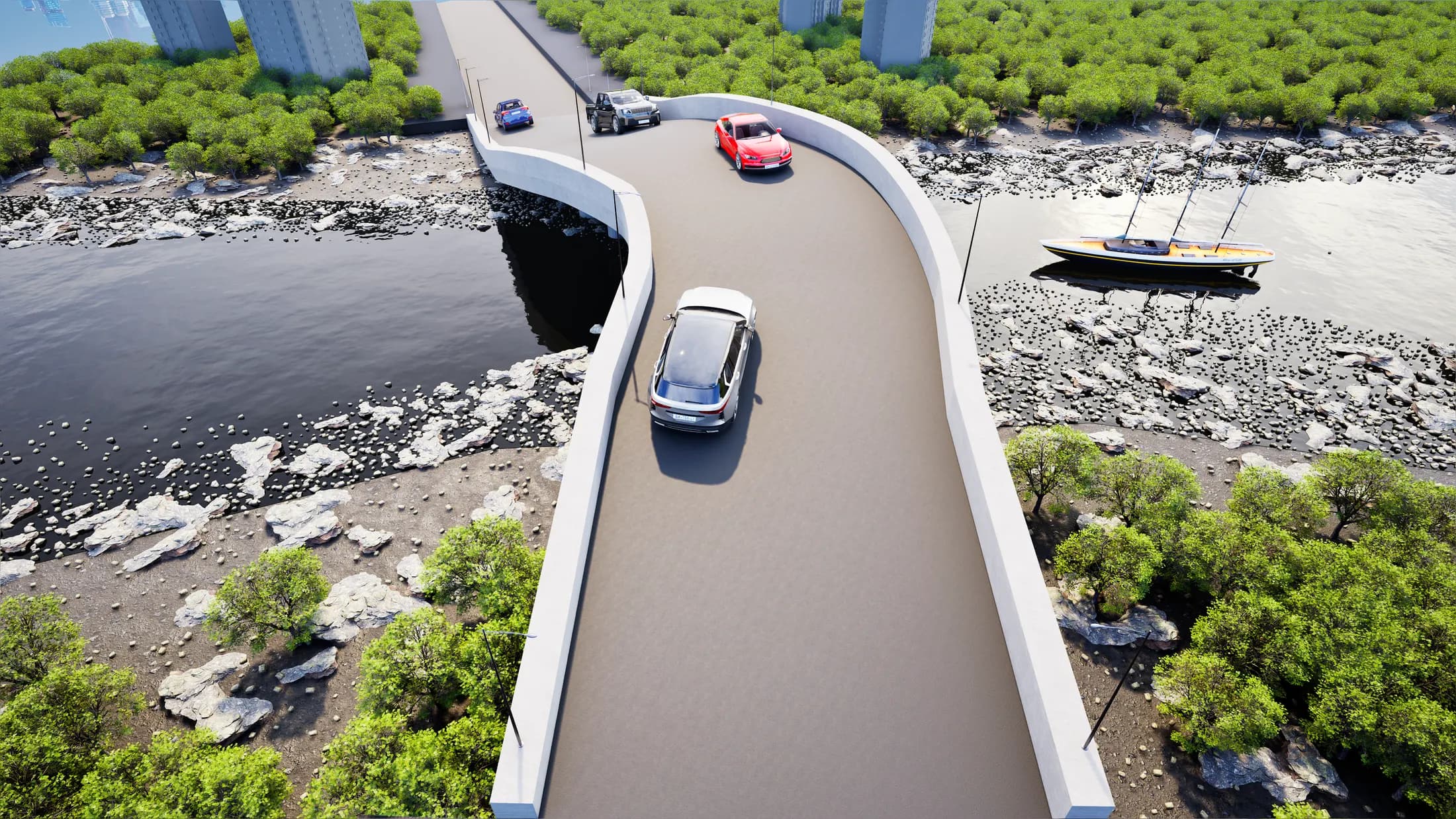 Taramandal Bridge — aerial 3D render of the deck and surroundings
