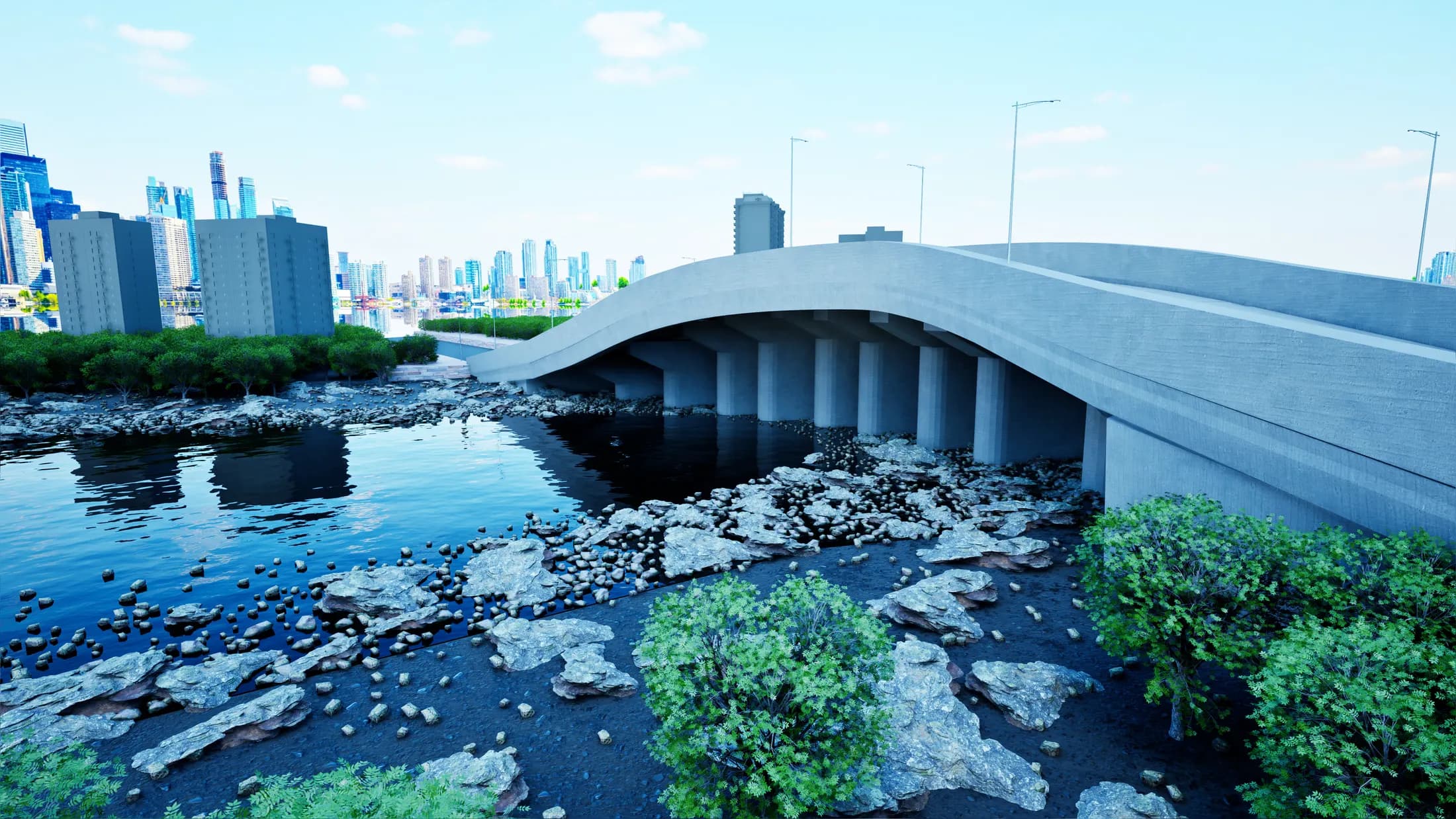 Taramandal Bridge — 3D render from the water's edge with city skyline